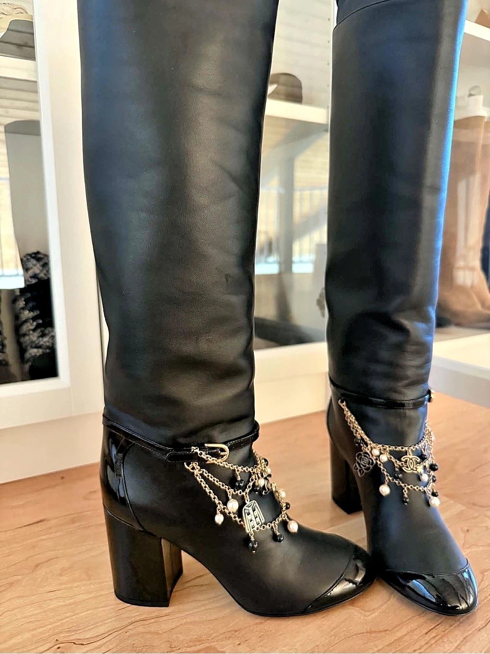 Chanel CC Logo Chain Decoration Chunky Heel Leather Long Boots